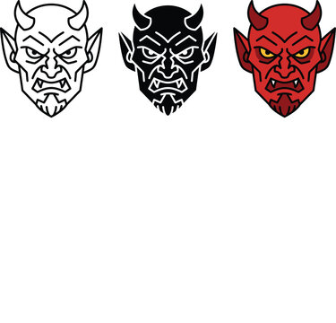 Set of three devil head icons, line art, black silhouette and colored cartoon style, evil demon character for logo or mascot design