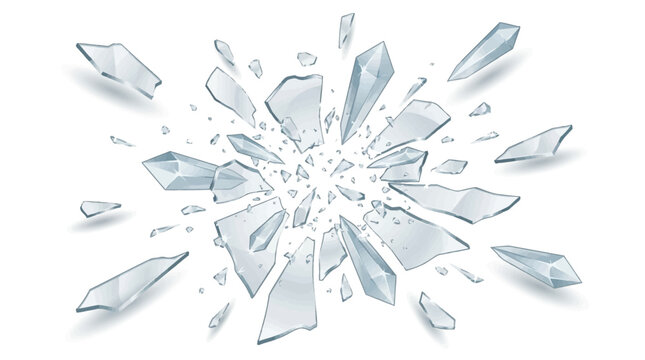 Broken glass 3D vector shatter explosion fragments, sharp ice splinters on white background. Danger flying crystal piece, destroy windshield smithereens concept. Broken glass realistic clipart 