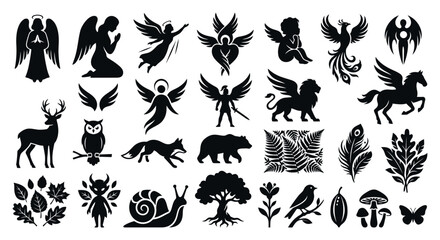 Fototapeta premium Black Silhouette Icons of Animals Mythical Creatures and Nature