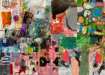 Naklejka premium Abstract collage with crayon scribbles and orange square accent