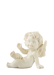 Obraz premium A little miniature statue of a white angel with wings on a white background, isolated on white background