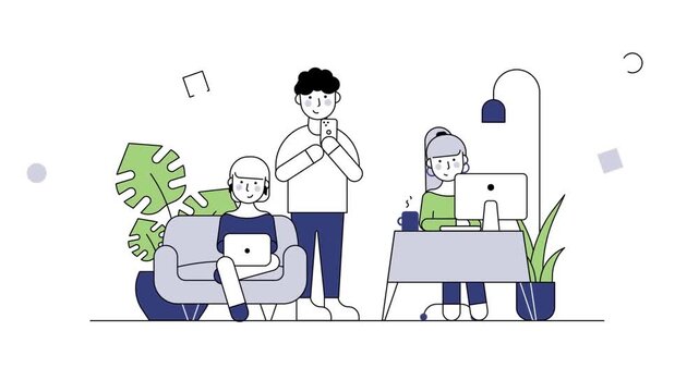 2D Animated Business Team Collaborating at Office Desks Flat Vector Illustration Motion Graphics Loop for Corporate Explainer Videos Websites Ads