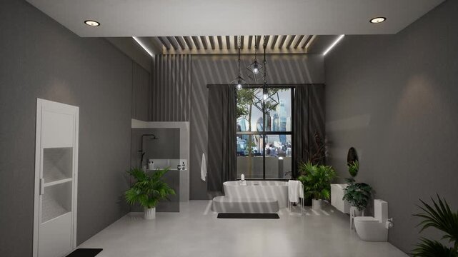 CGI of a modern luxury bathroom with freestanding bathtub, glass shower, tropical plants, and city view through large windows. Premium spa atmosphere. Rendered in Unreal Engine.