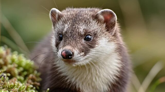 A curious stone marten rests quietly within the dense greenery of a lush forest environment while observing the surroundings with alert eyes during a peaceful moment in the heart of the wild