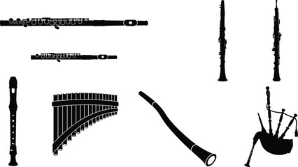 Musical Instrument Silhouette Collection Featuring Flute Recorder Clarinet Oboe Pan Flute Bagpipes and Traditional Wind Instruments © Miss