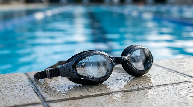 Black swimming goggles lying on the wet edge of a blue tiled swimming pool