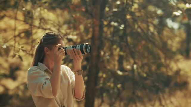 Photographer Taking Pictures With Professional Camera Telephoto Lens. Creative Hobby