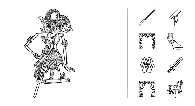 Javanese Wayang Kulit Shadow Puppet Illustration with Traditional Performance Icons