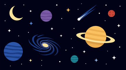 Naklejka premium Dark cosmic vector background with navy black gradient, twinkling stars, crescent moon, planets, ringed Saturn, comet and spiral galaxy, serene outer space scene for astronomy posters and banners