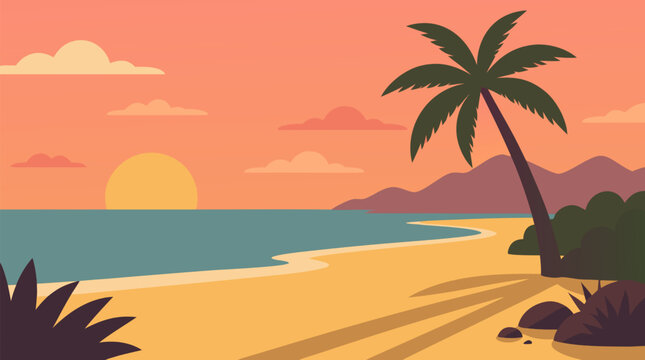 Golden hour tropical beach vector landscape with long palm shadows on smooth sand, glowing sunset, turquoise sea, distant purple islands, warm pink sky for vacation, resort and travel promotions