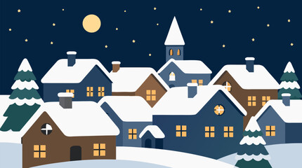 Naklejka premium Cozy snowy village vector illustration with glowing windows, church steeple, starry winter night, full moon and clustered rooftops, charming holiday town scene for festive travel design