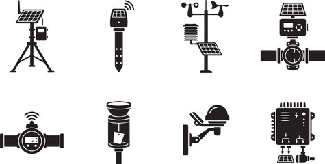 Obraz premium Set of black representing solar powered farm irrigation equipment, smart agriculture sensors, and automated water management systems