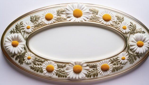 elegant oval white frame adorned with embossed daisies and leaves