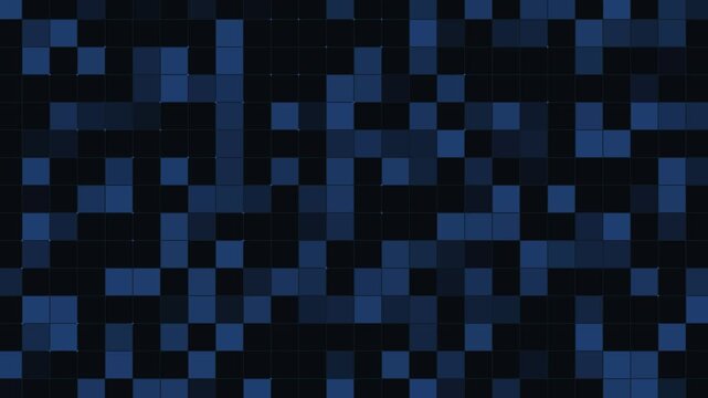 Digital pixel blocks flickering on black background with glowing blue data grid motion for technology hud interface