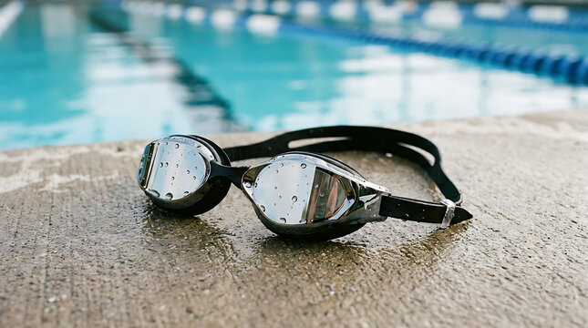 Close up view of professional swim goggles resting on the wet poolside edge of an outdoor lap pool with clear blue water in the background