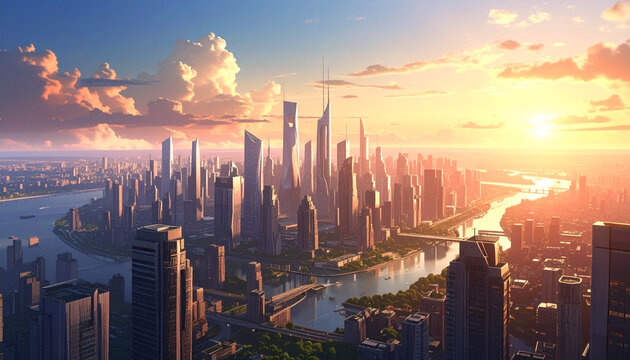 Golden Sunset and Glowing Sunrise Over the Modern City Skyline with Dramatic Sky and Urban Panorama