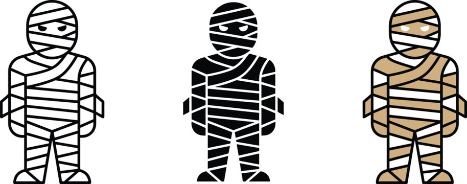 Set of three mummy icons, cartoon style, , vector illustration of wrapped ancient egyptian undead character