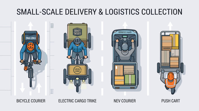 Top View Silhouettes of Small‑Scale Delivery Vehicles Including Bicycle Courier, Cargo Trike, NEV and Push Cart