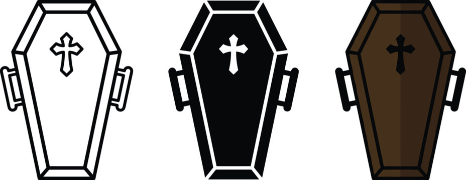 Set of three coffins with cross, line art, silhouette and flat design, funeral icons for halloween or death related themes