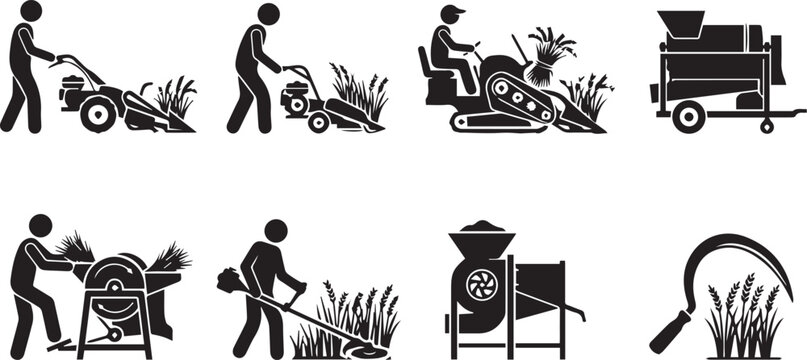 Set of black showing grain harvesting processes, including manual labor, motorized machinery, threshers, and a hand sickle
