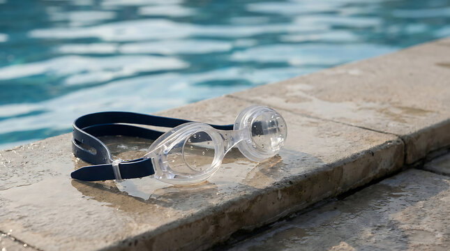 Swimming Goggles Resting on the Concrete Edge of a Refreshing Outdoor Swimming Pool During Summer