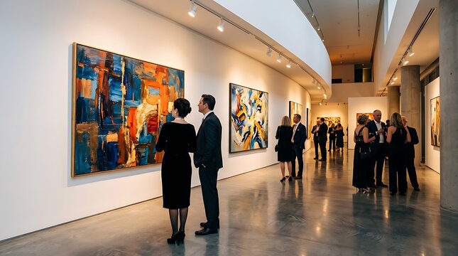 Elegant guests viewing abstract art at a contemporary gallery opening