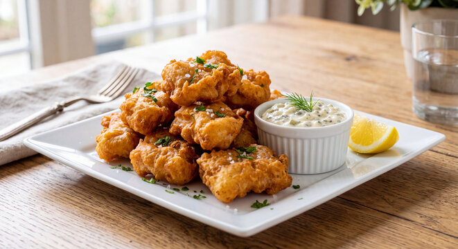 Crispy Golden Dutch Kibbeling Battered Fried Fish Chunks with Remoulade Sauce