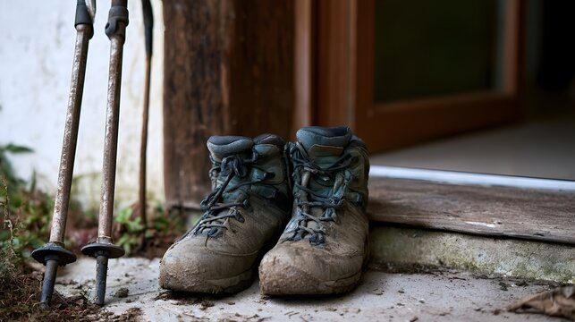 Mud covered hiking boots and trekking poles rest on a wooden doorstep after a demanding trail