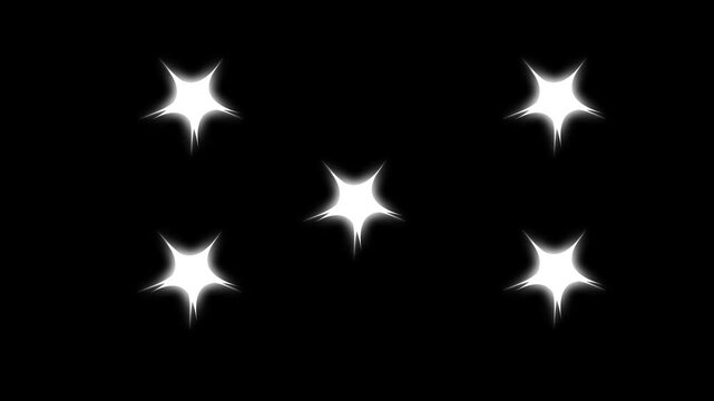 White cartoon star shine effect, sparkling glitter animation, flat vector doodle twinkling motion graphics, black screen overlay in 4k resolution