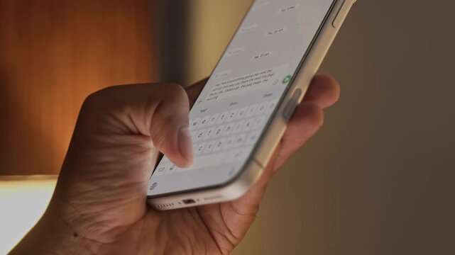 Man hands chatting and typing on smartphone macro closeup. Unrecognizable human typing text message tapping touchscreen keyboard using whatsapp application a social media