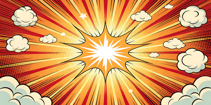 Comic book style explosion background with clouds and radial