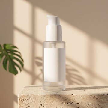 Premium skincare serum bottle on elegant stone podium