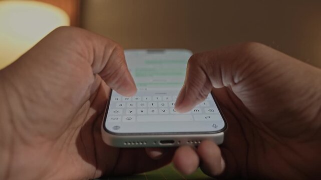 Man hands chatting and typing on smartphone macro closeup. Unrecognizable human typing text message tapping touchscreen keyboard using whatsapp application a social media