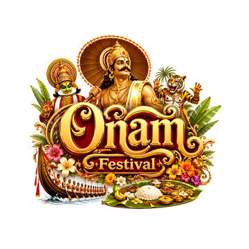 Happy Onam festive celebration: snake boats, various food, confetti and King Mahabali.
