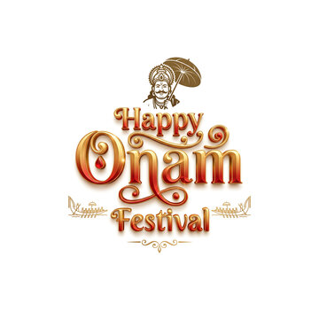 Happy Onam festival typography concept with snake boats, various food, and confetti.