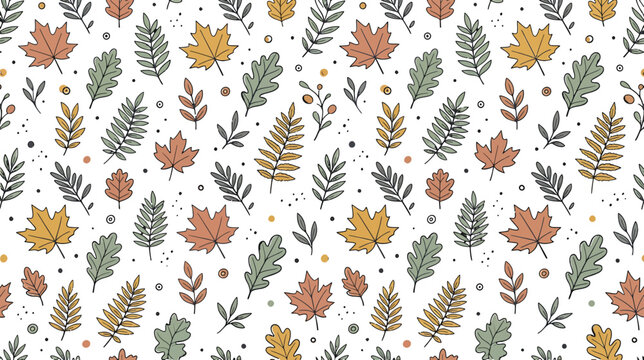 Autumn foliage seamless pattern with hand drawn maple and oak leaves on a white background vector illustration
