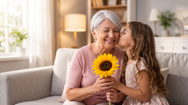 A young girl affectionately kisses her grandmother on the cheek while they hold a beautiful sunflower together in a cozy living room.
