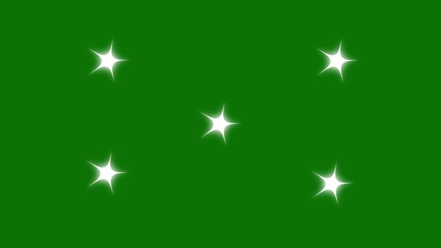 White sparkle star light effect animation, twinkling cartoon doodle stars, glowing glitter shine, flat vector festive overlay, green screen background, 4k seamless loop