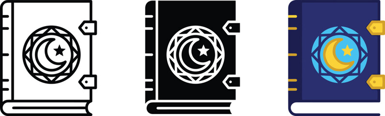 Set of three spell books with moon and star symbol on the cover, fantasy grimoire, magic book icon, vector illustration ©  GraphixaX