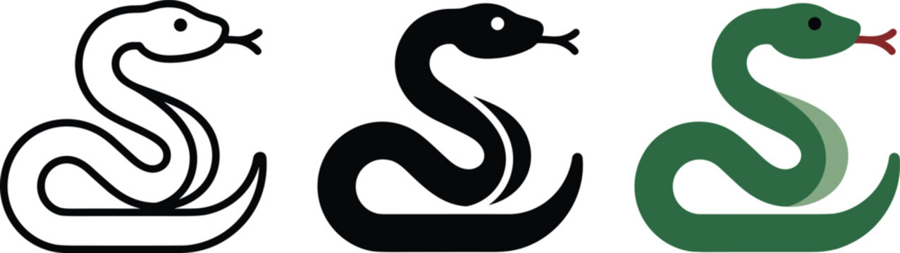 Set of three stylized snake icons in different styles including outline, solid black, and flat green color vector illustration