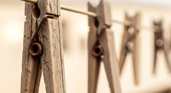 Row of antique wooden clothespins hanging on metal clothesline with clothespin clothesline household fastener