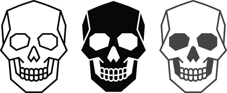Set of three stylized geometric skull icons in different graphic styles, vector illustration of human skulls