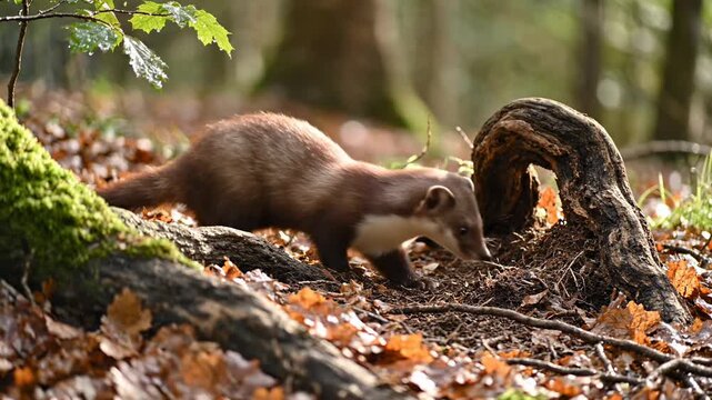 A wild beech marten explores the forest floor near a decaying wooden root during a quiet autumn day in a temperate woodland environment where the small predator searches for food among dry