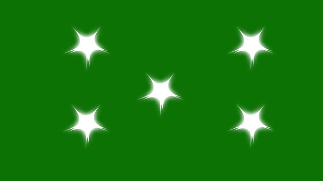 Sparkling glitter star animation, white cartoon twinkle shine, flat vector doodle glowing effects, festive green screen transparent background, seamless 4k loop