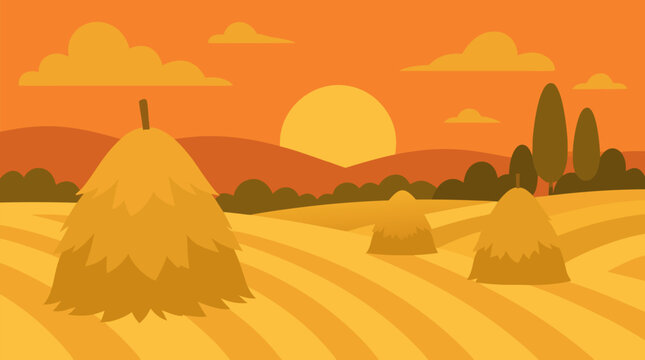 Golden rural landscape with haystacks in a harvested field at sunset, rolling hills, warm amber sky and pastoral farm mood, flat vector countryside scene for agriculture and autumn decor