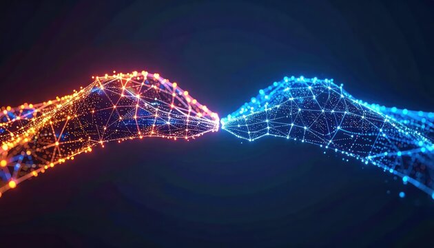Two digital wireframe hands reaching out to connect.