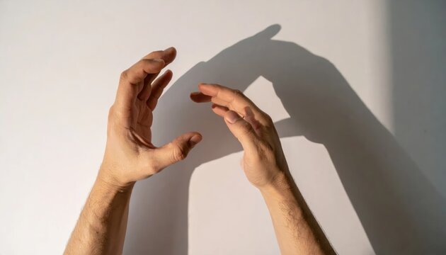 Two hands forming expressive silhouettes and shadows on white surface.