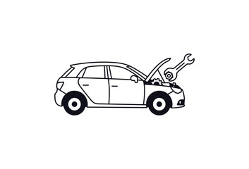Obraz premium Minimalist car repair line icon, automotive service and maintenance vector, hatchback vehicle with open hood and wrench tool for garage workshop