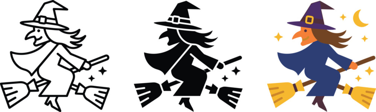 Set of three witch icons flying on a broomstick, including outline, silhouette, and colorful vector illustrations for halloween designs