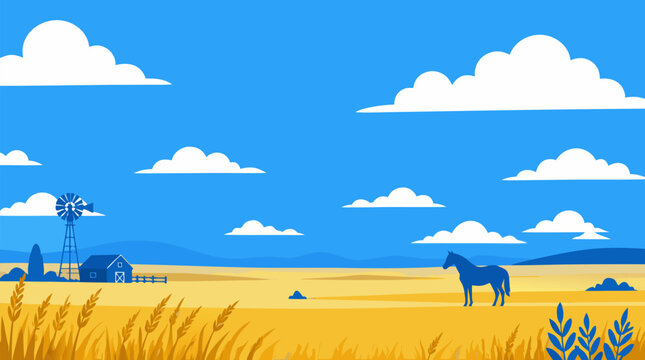 Wide open prairie landscape with golden grass, blue barn, windmill, horse silhouette and vast sky of scattered white clouds, airy rural vector scene for ranch travel and farm themes design